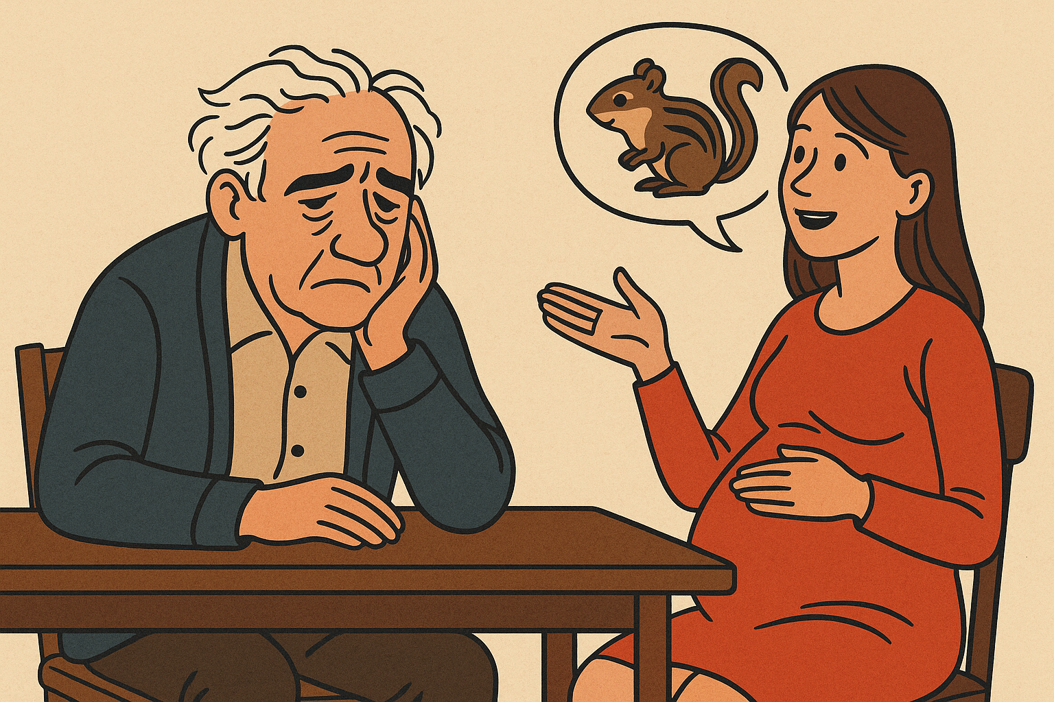 Абстрактный дедушка с задумчивым видом и беременная женщина как символ, в окружении мягких цветов и графичных элементов