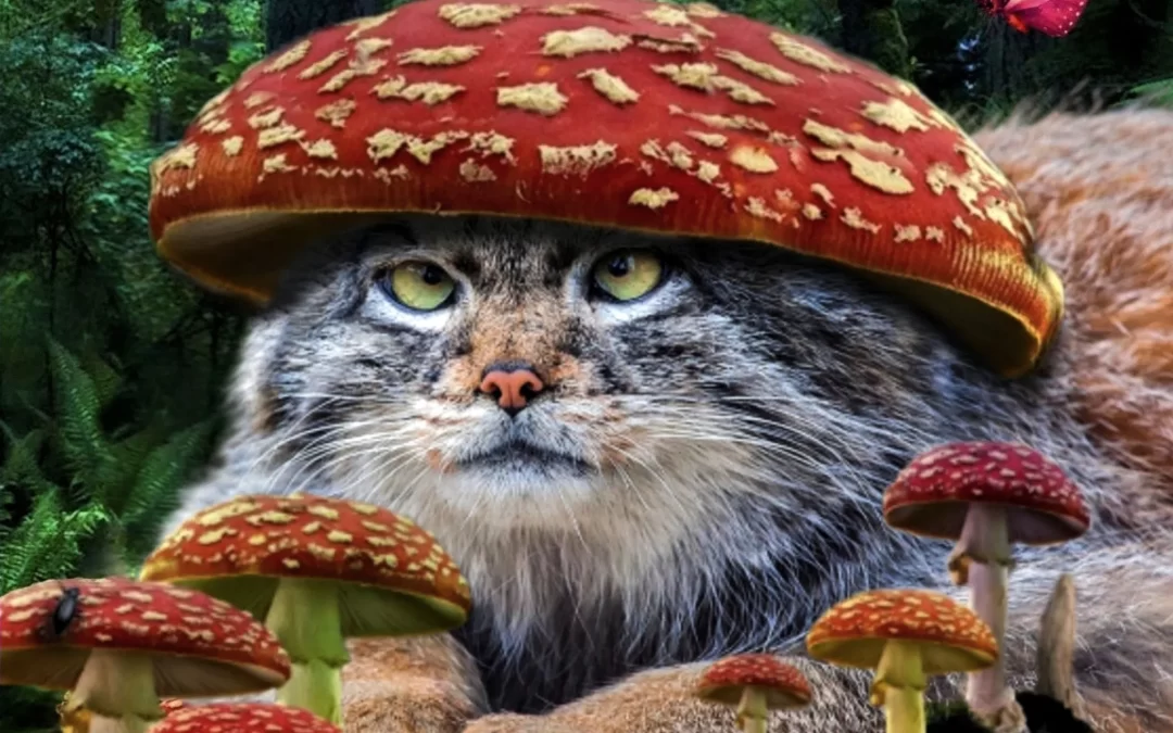 Кот в шапке замаскированный под гриб с мухоморами вокруг