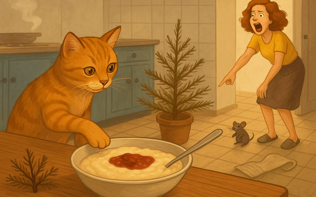 рыжий кот тянет лапой кашу с вареньем на кухонном столе, рядом сушёная ёлка, женщина визжит и показывает на мышь на полу.