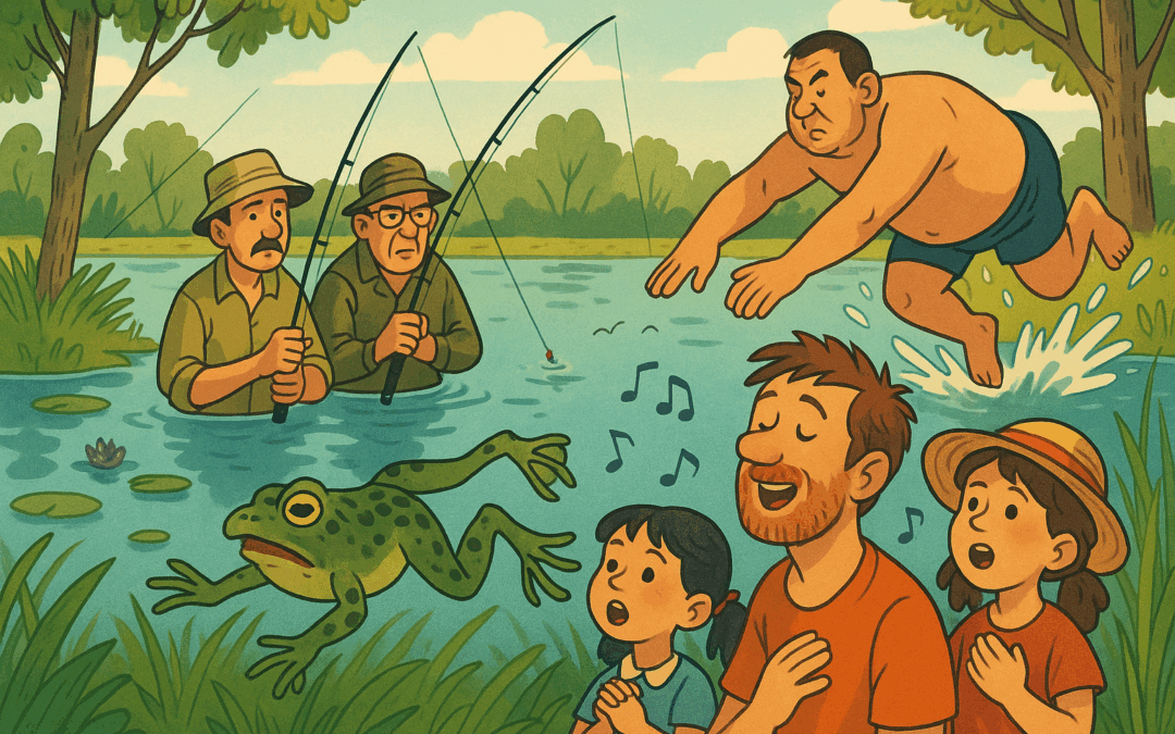 озеро летом, двое рыбаков стоят по пояс в воде, рядом мужчина в плавках прыгает в воду, на берегу папа с детьми поют, а впереди скачет большая жаба.