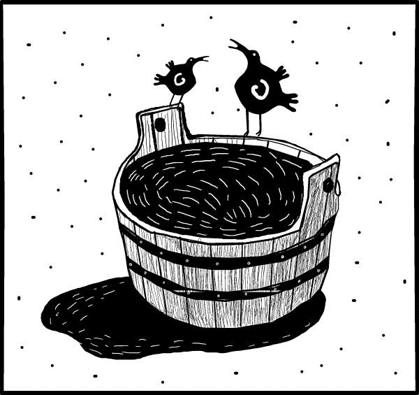 Рисунок бочка с водой и птичка. Иллюстрация к статье Слава Сэ о Бане