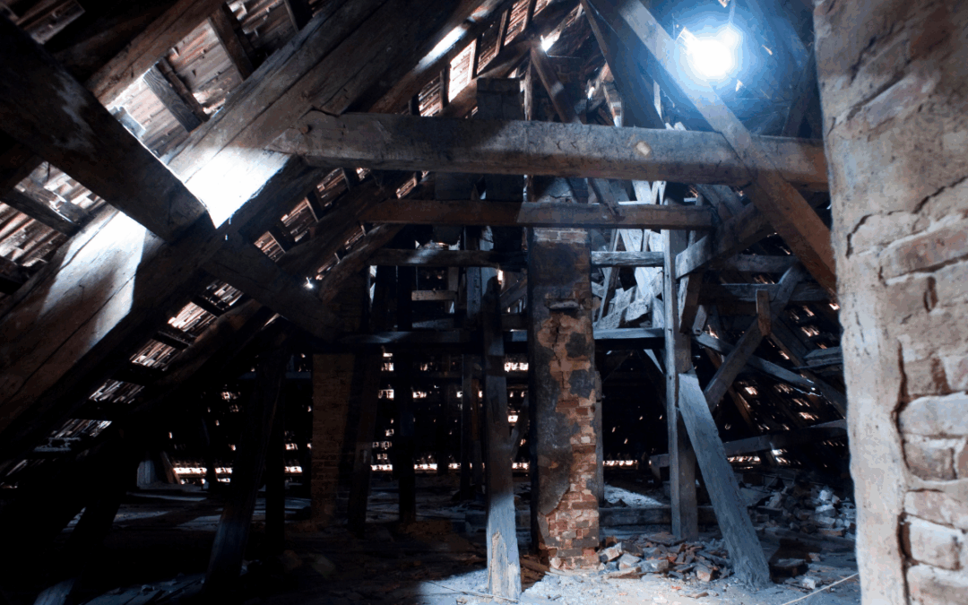 Старый пыльный чердак с пробитой крышей, как метафора усталости, выгорания и ироничного выживания.