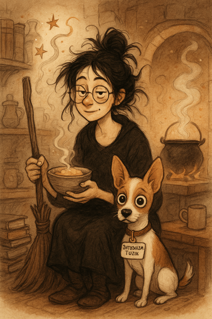Молодая ведьма с кашей и лупоглазым тойтерьером по кличке Тузик, уют в волшебной кухне