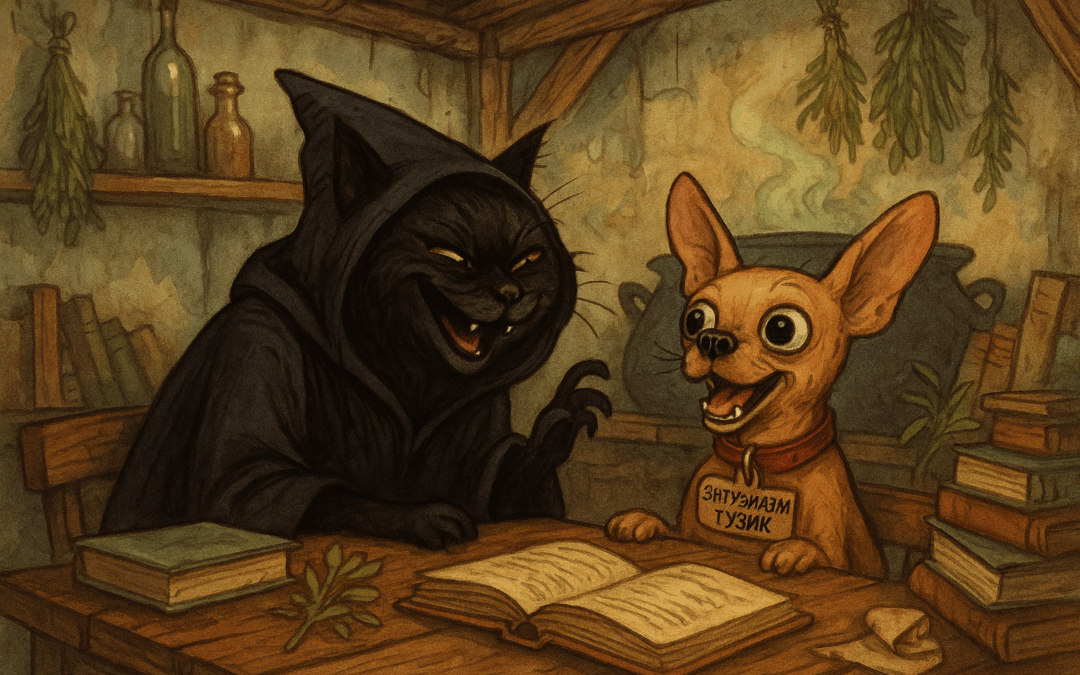 Ведьма-кот Кицаца и оживлённый тойтерьер Тузик с табличкой «Знтузиазм» за книжным столом