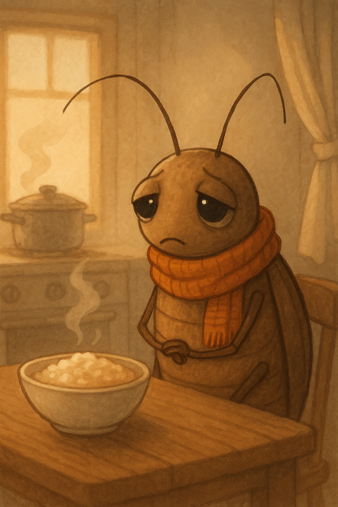 Меланхоличный таракан в оранжевом шарфе задумчиво смотрит на кашу в уютной кухне