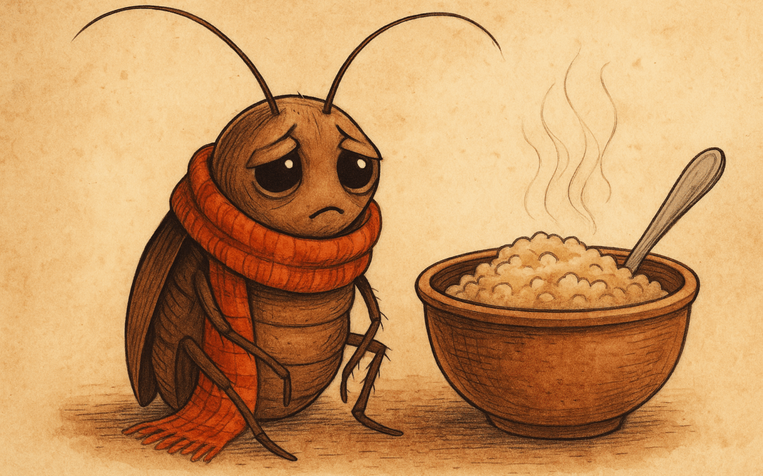 Уставший таракан в шарфе грустно глядит на тарелку каши, символ выгоревшего энтузиазма