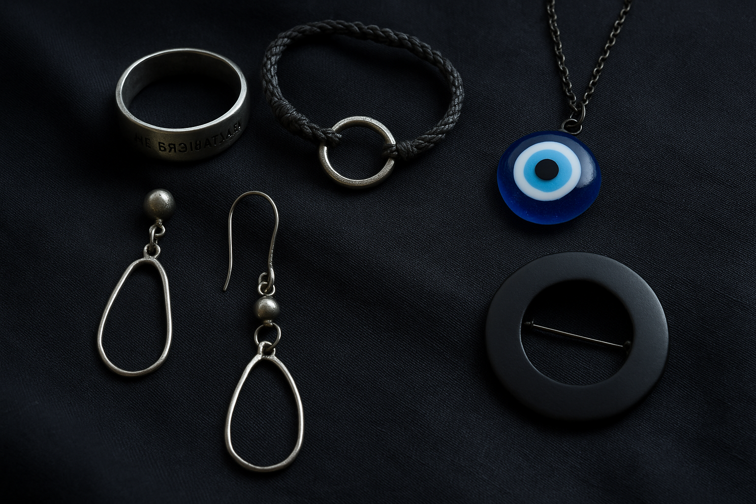 Коллаж из ведьмовских украшений: кольцо, серьги, браслет и амулет, лежащие на тёмной ткани — символ выбора, боли и личной границы