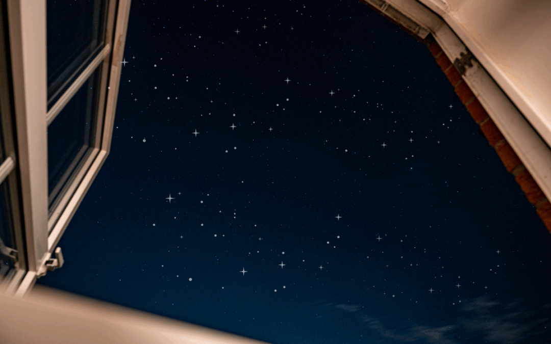 Чердак сказочной избушки с открытой крышей, из которой видны звёзды и камыши в лунном свете