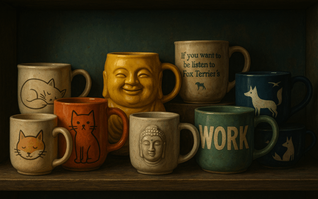 Деревянная полка с кружками разного дизайна: среди них — жёлтый Будда, кружка с надписью "WORK", несколько с котиками, с изображением лисы и надписью "If you want me to be listen to Fox Terrier’s". Теплый свет, тёмно-зелёная стена, уютная ироничная атмосфера.