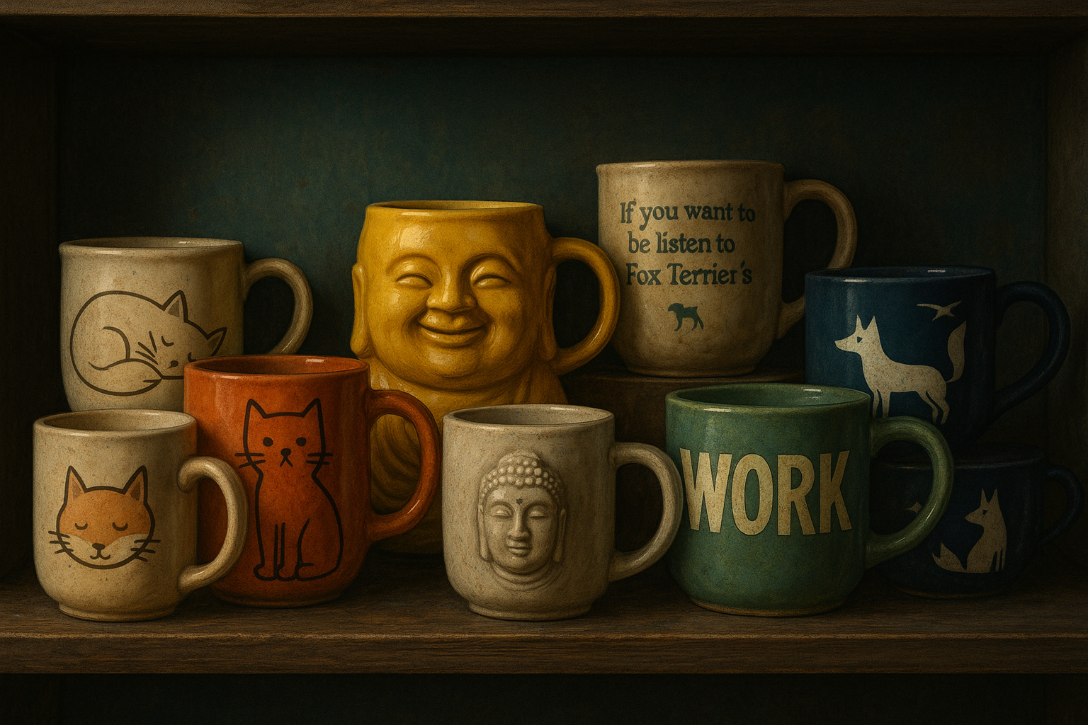 Деревянная полка с кружками разного дизайна: среди них — жёлтый Будда, кружка с надписью "WORK", несколько с котиками, с изображением лисы и надписью "If you want me to be listen to Fox Terrier’s". Теплый свет, тёмно-зелёная стена, уютная ироничная атмосфера.