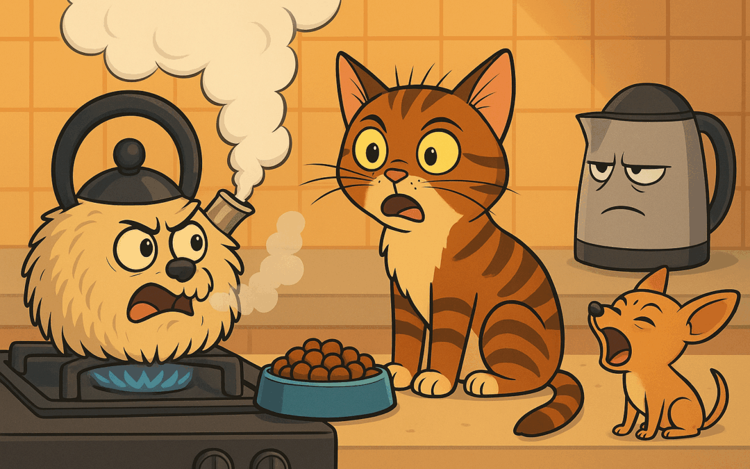 Мультяшная кухня: пушистый чайник сердито свистит на плите, рядом ошарашенный Кошак с подпалённым хвостом, маленький той-терьер Тузик воет, а в углу сияет надменный электрический чайник-сноб.