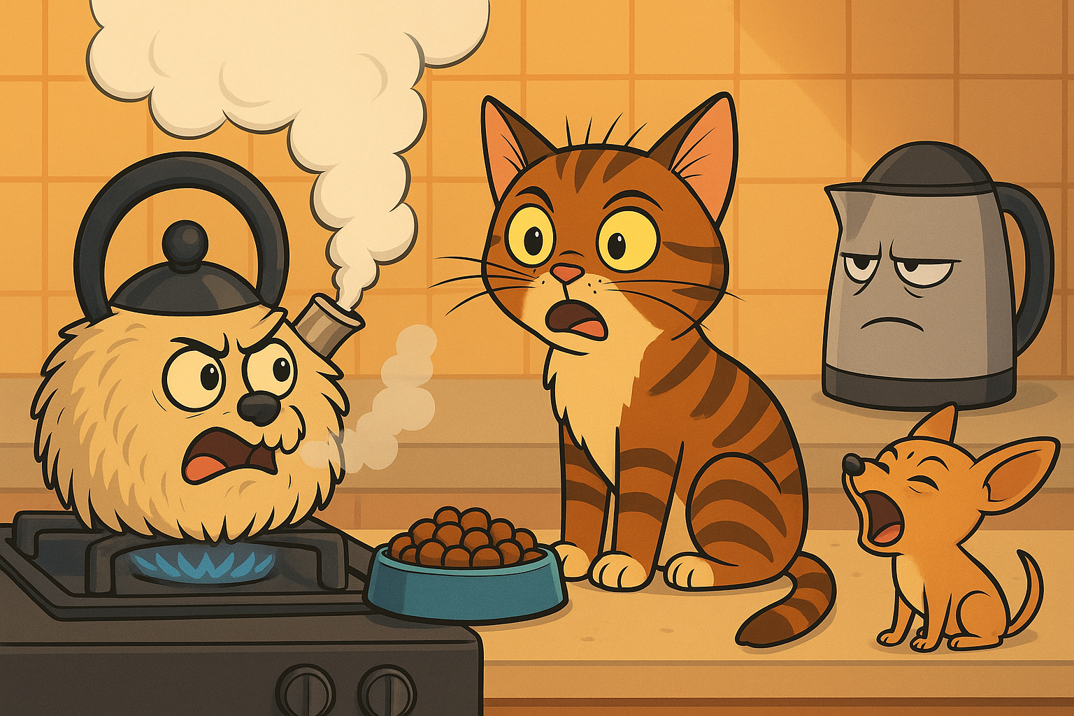 Мультяшная кухня: пушистый чайник сердито свистит на плите, рядом ошарашенный Кошак с подпалённым хвостом, маленький той-терьер Тузик воет, а в углу сияет надменный электрический чайник-сноб.