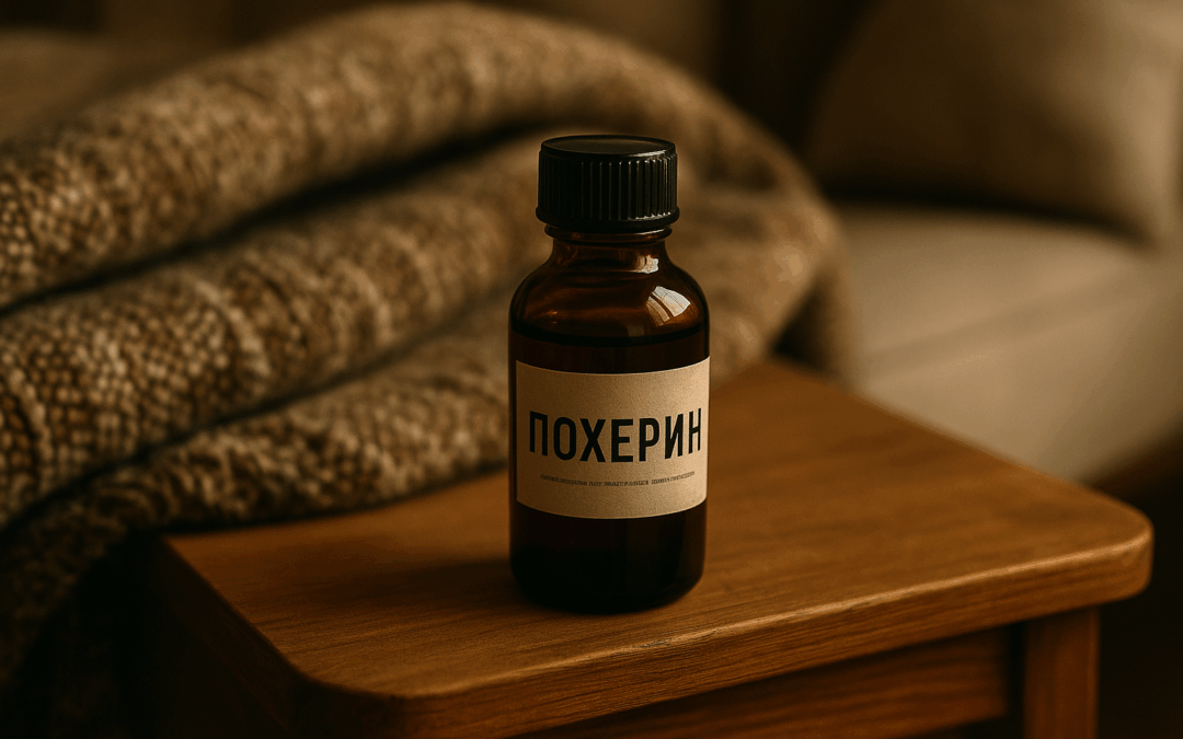 Небольшой янтарный пузырёк стоит на тумбочке возле пледа и книги. Теплый свет, ощущение покоя и тишины.