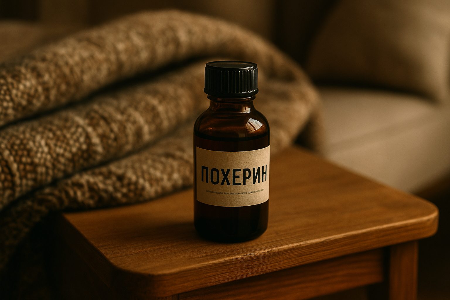 Небольшой янтарный пузырёк стоит на тумбочке возле пледа и книги. Теплый свет, ощущение покоя и тишины.