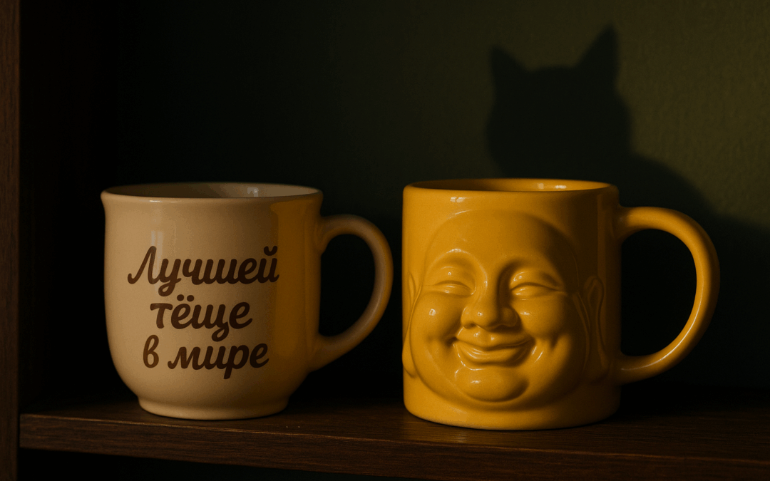 Две керамические кружки на деревянной полке: левая с надписью «Лучшей тёще в мире», правая — ярко-жёлтая с улыбающимся лицом Будды. На стене за ними — тень кота.