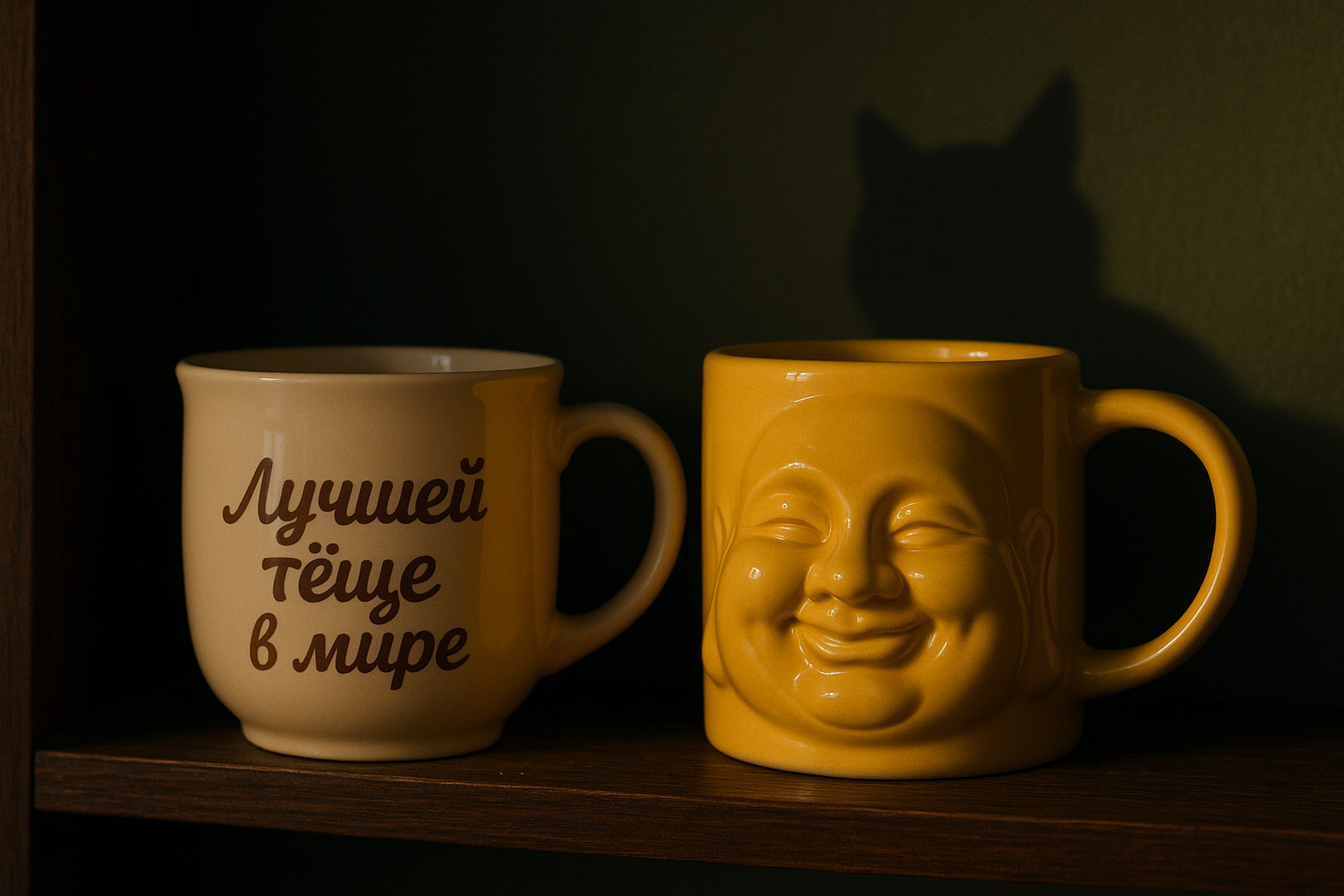 Две керамические кружки на деревянной полке: левая с надписью «Лучшей тёще в мире», правая — ярко-жёлтая с улыбающимся лицом Будды. На стене за ними — тень кота.
