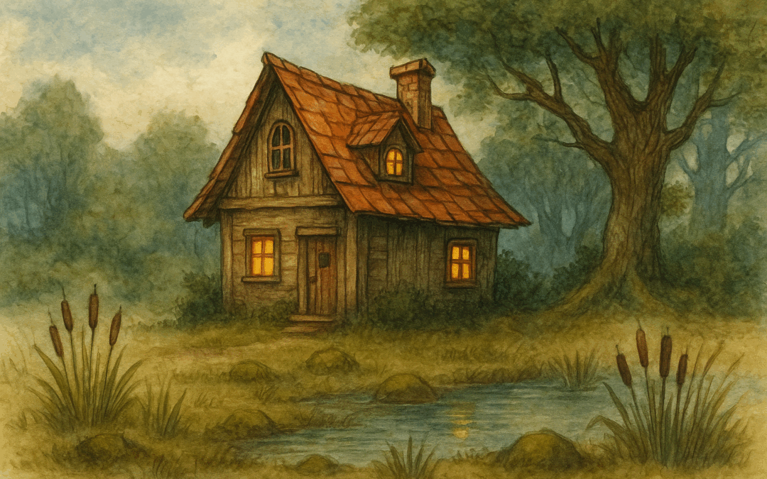 Акварельная избушка на опушке леса у болота с тёплым светом из окон и туманом за деревьями