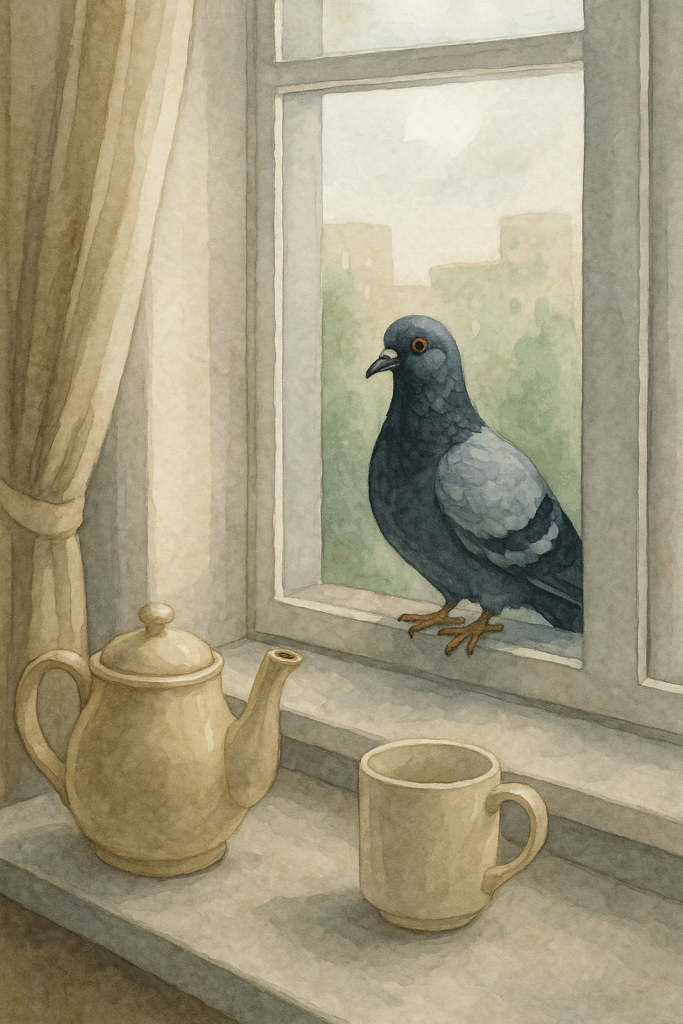 Подоконник с чайником и кружкой, а за окном — наглый голубь на фоне мутного городского пейзажа