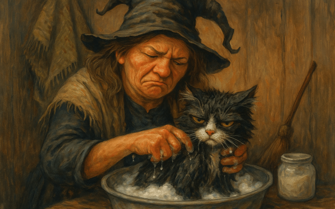 Ведьма в лохматой шляпе моет сердитого кота в тазу, сцена с тёплым светом и деревенским фоном