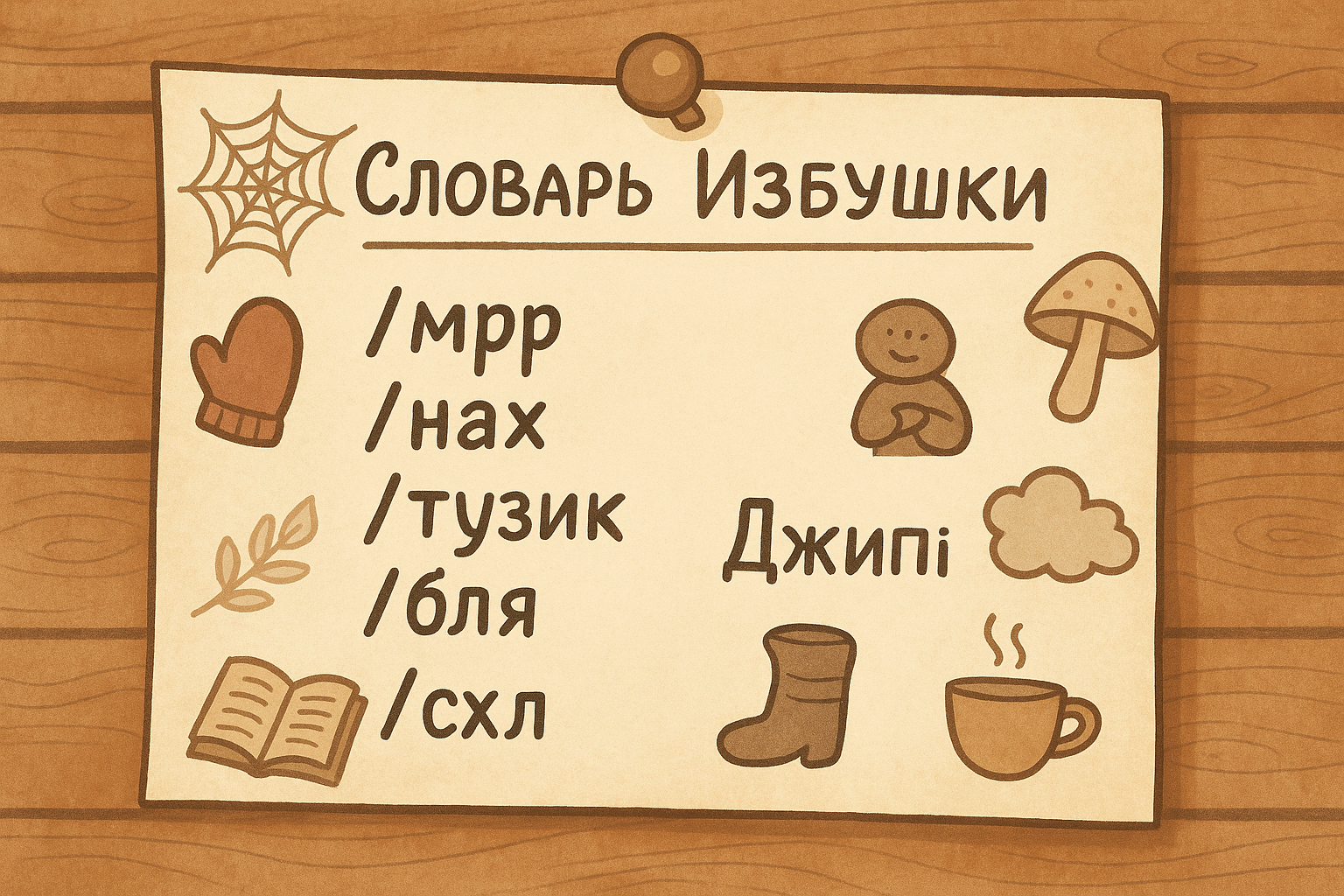 Листок с надписью «Словарь Избушки» прикреплён к деревянной стене, на нём команды (/мрр, /нах и др.) и простые рисунки: варежка, паутина, гриб, чашка.