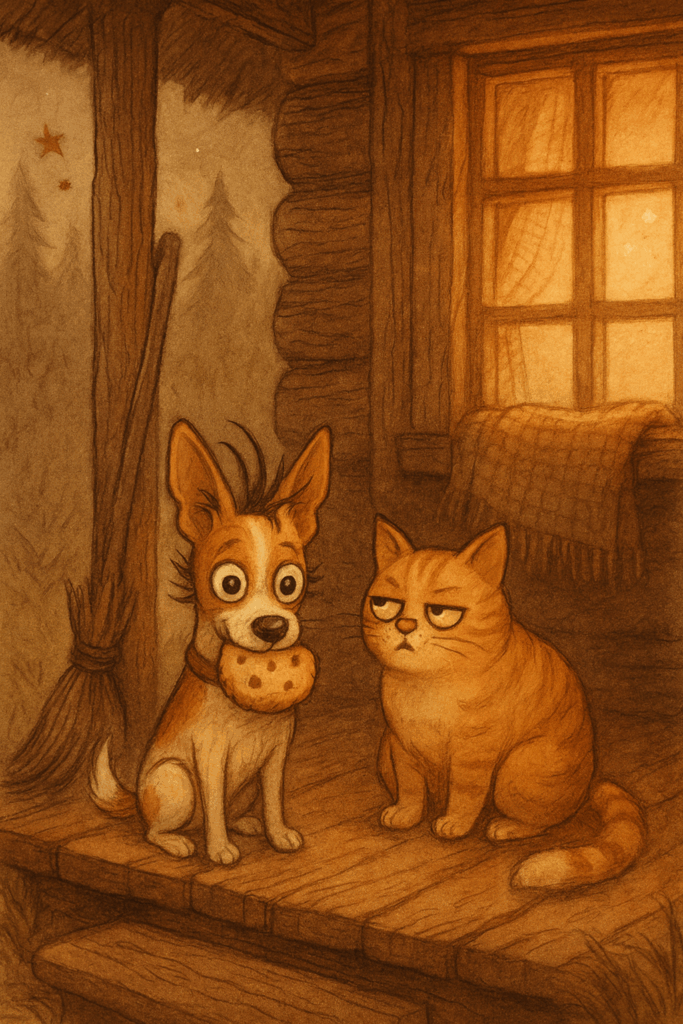 Собака Тузик с печенькой в зубах сидит на крыльце избушки рядом с рыжим котом, в тёплом вечернем свете окна и пледа.