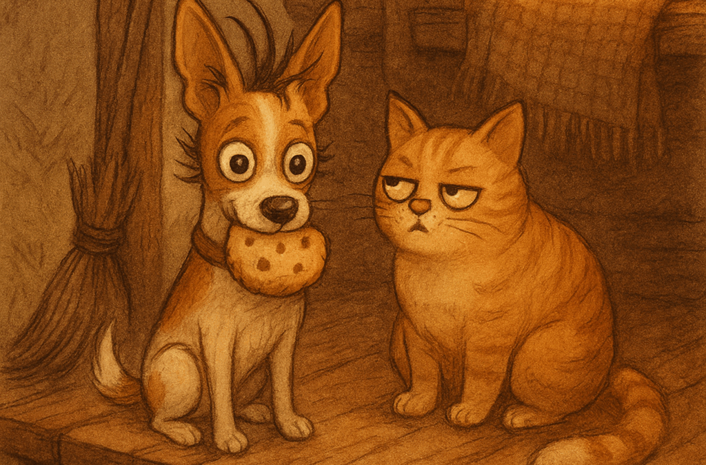 Собака Тузик с печенькой в зубах сидит на крыльце избушки рядом с рыжим котом, в тёплом вечернем свете окна и пледа.