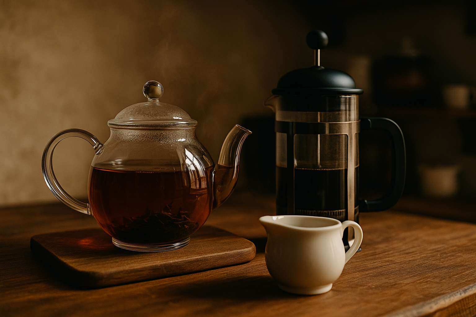 Чайная тройка: френч-пресс Себастьян, заварник Артур и чахайка Лаура в драматичной композиции на кухне