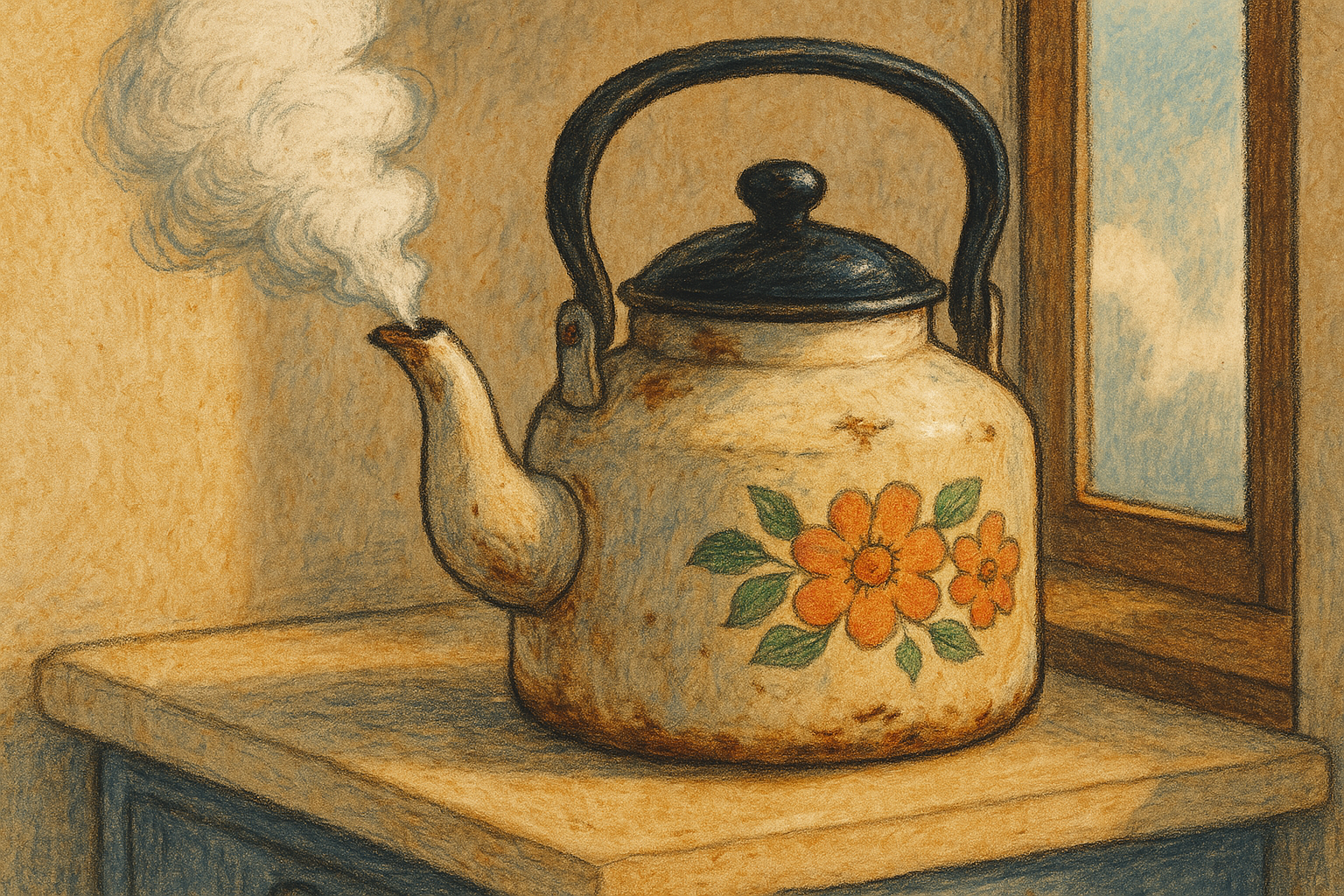 Ретро-чайник Борис с эмалированными цветочками стоит на плите, глядя в окно. У него гордый вид, надутые щёчки и еле заметный пар над крышкой.