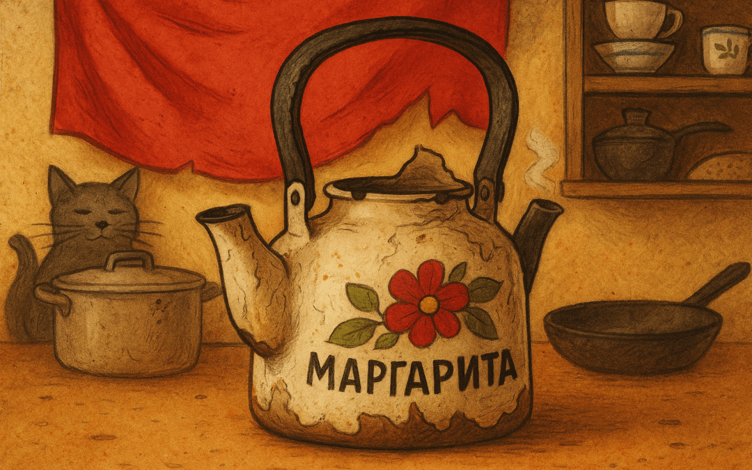 Ретро-чайник без крышки стоит в центре уютной кухни, освещённой тёплым светом. Вокруг — волнение: кастрюли, кошак, чайный пар. На фоне — полка, как трибуна революции.