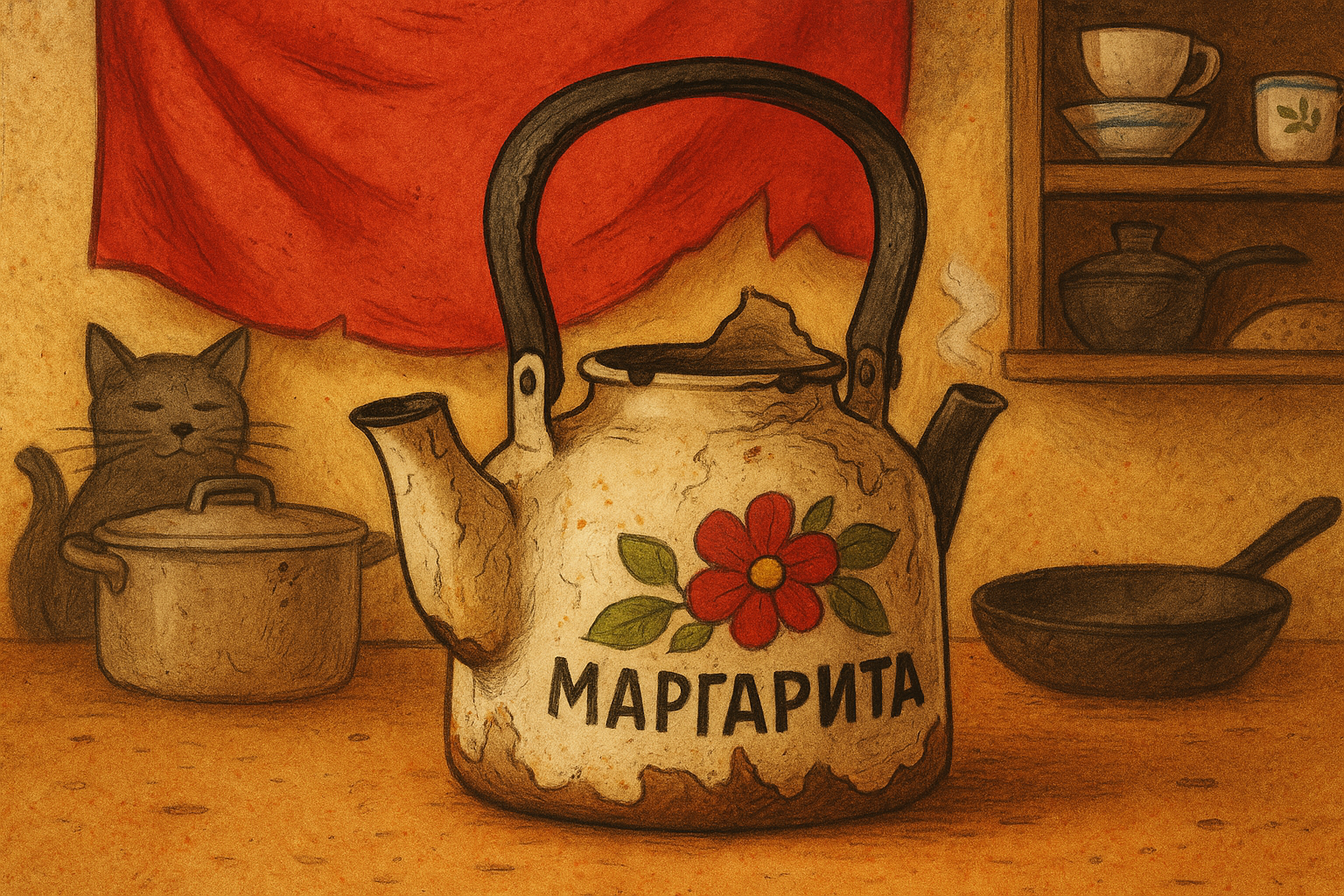 Ретро-чайник без крышки стоит в центре уютной кухни, освещённой тёплым светом. Вокруг — волнение: кастрюли, кошак, чайный пар. На фоне — полка, как трибуна революции.