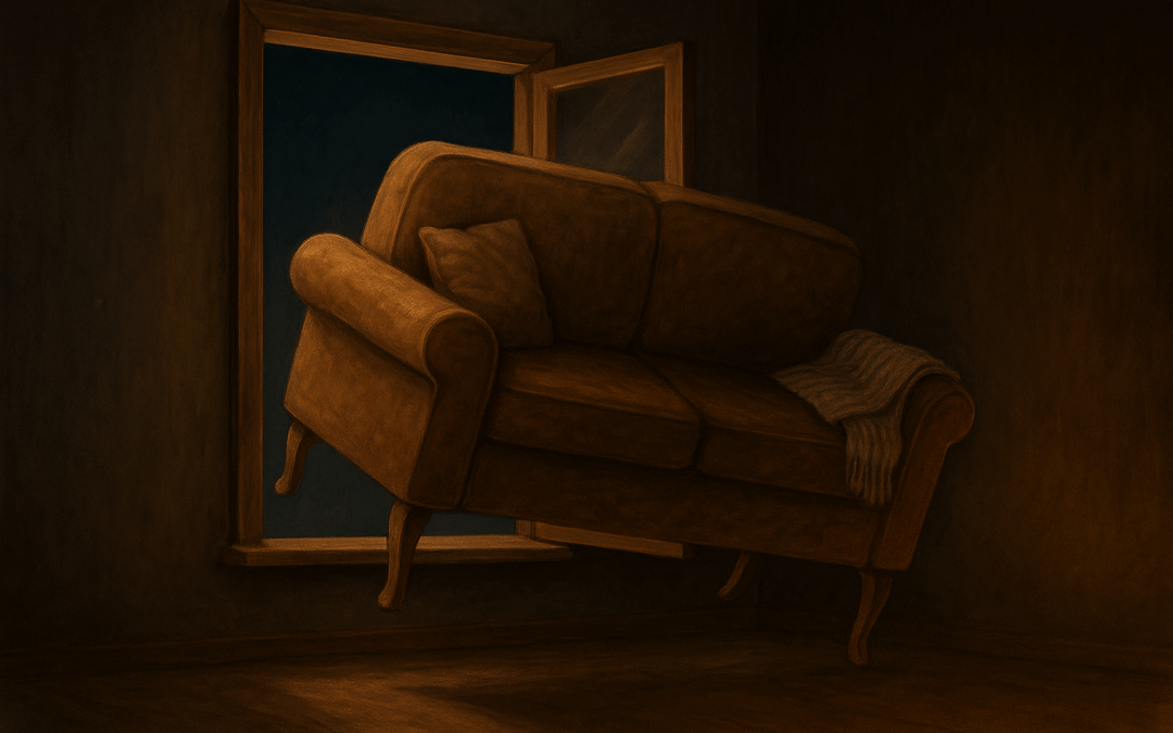 Старый коричневый диван у окна с выбившейся подушкой и пледом — метафора возвращения, покоя и права просто быть
