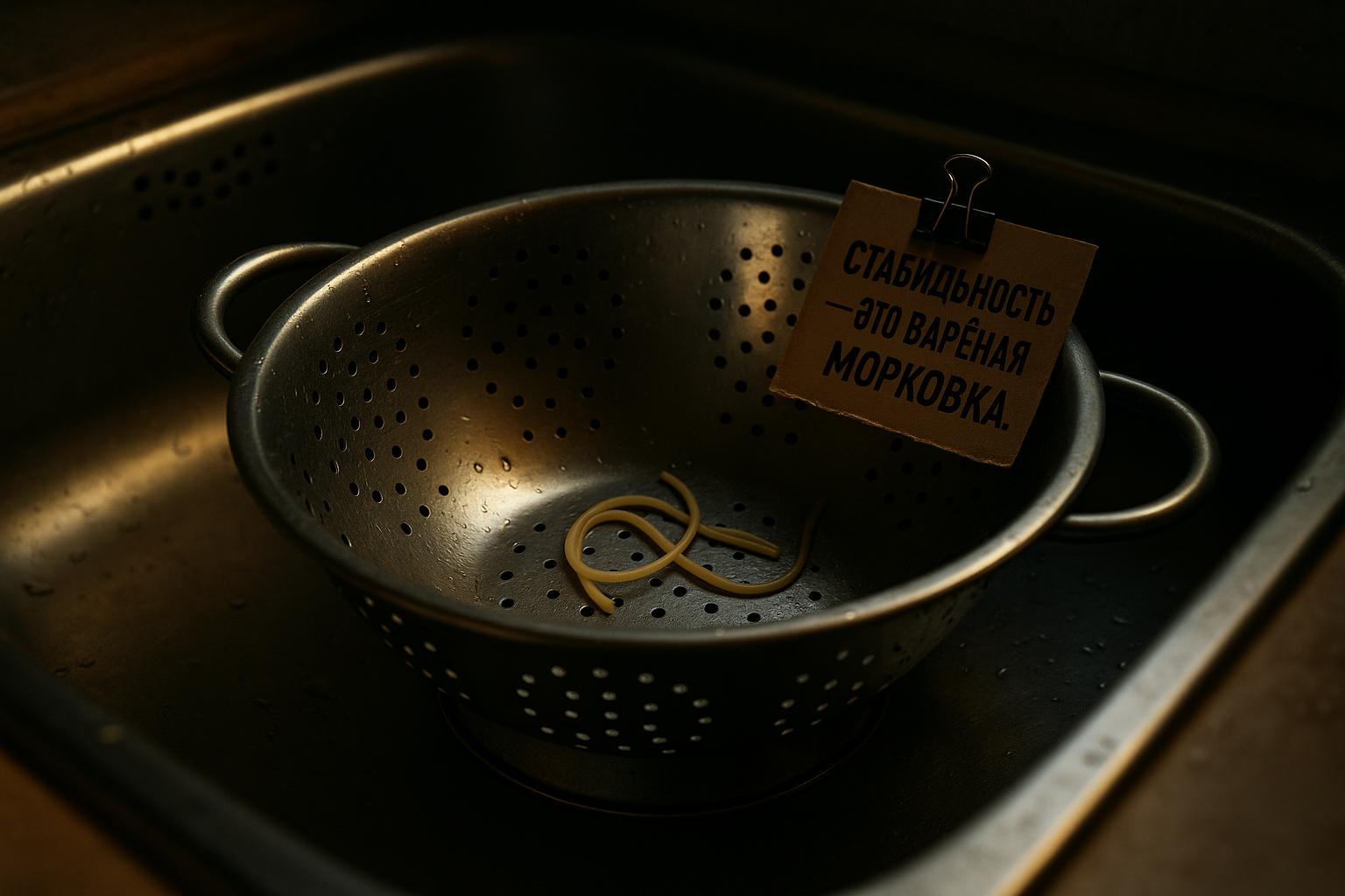 Дуршлаг в раковине, подсвеченный тёплым светом, с макаронами на дне — образ посудной тревожности и силы отпускать