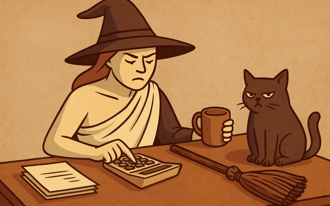Иллюстрация: ведьма в тоге считает на калькуляторе, рядом мрачный кот и метла. Сцена из поста про фасилитаторов и реальную цену бесплатной помощи.