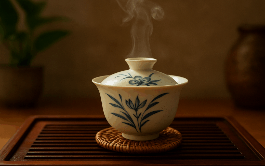 Фарфоровый гайвань на деревянной подставке, в атмосфере чайной церемонии. Прекрасен, как момент между вдохом и пониманием.