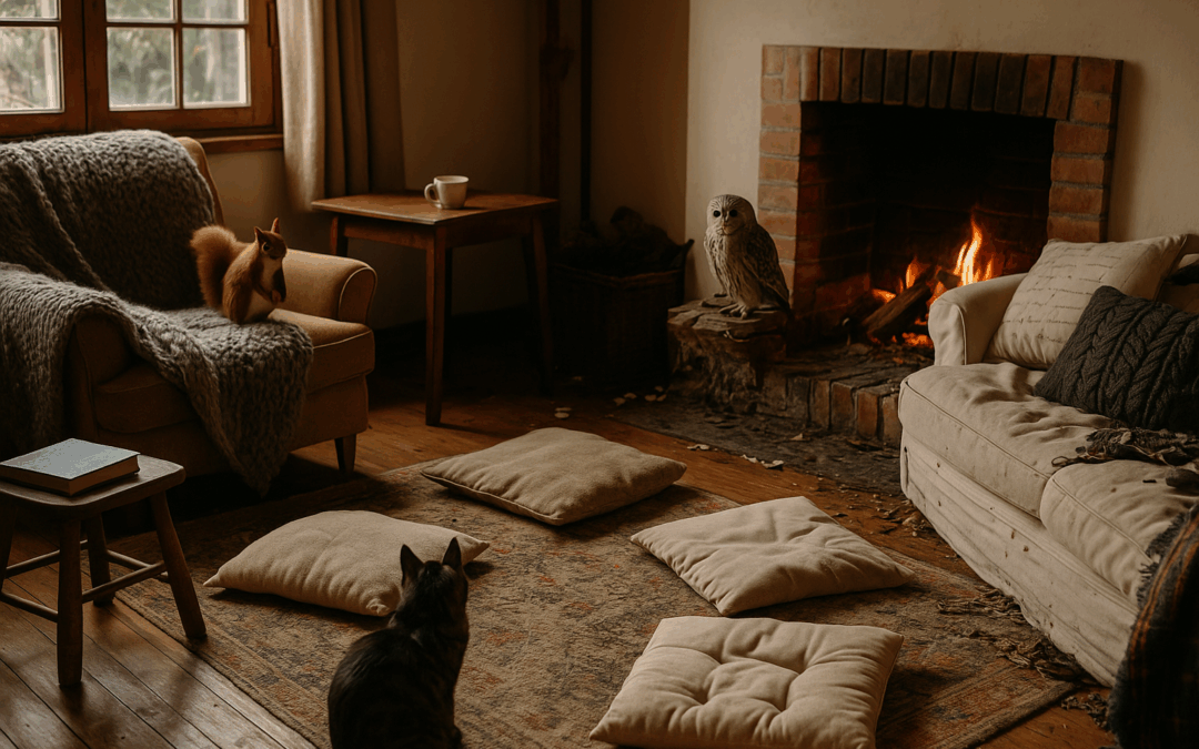 Уютная комната с мягким пледом, подушками и дневным светом; на переднем плане — кот и белка среди лёгкого творческого бардака, в углу сидит сова.