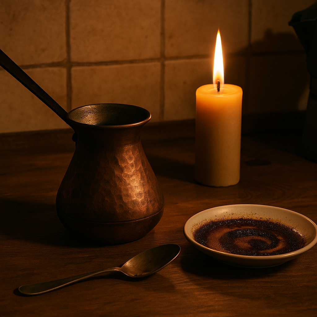 Медная турка на фоне старой плитки, рядом — свечка и блюдце с кофейной гущей. Атмосфера обряда и тайн.