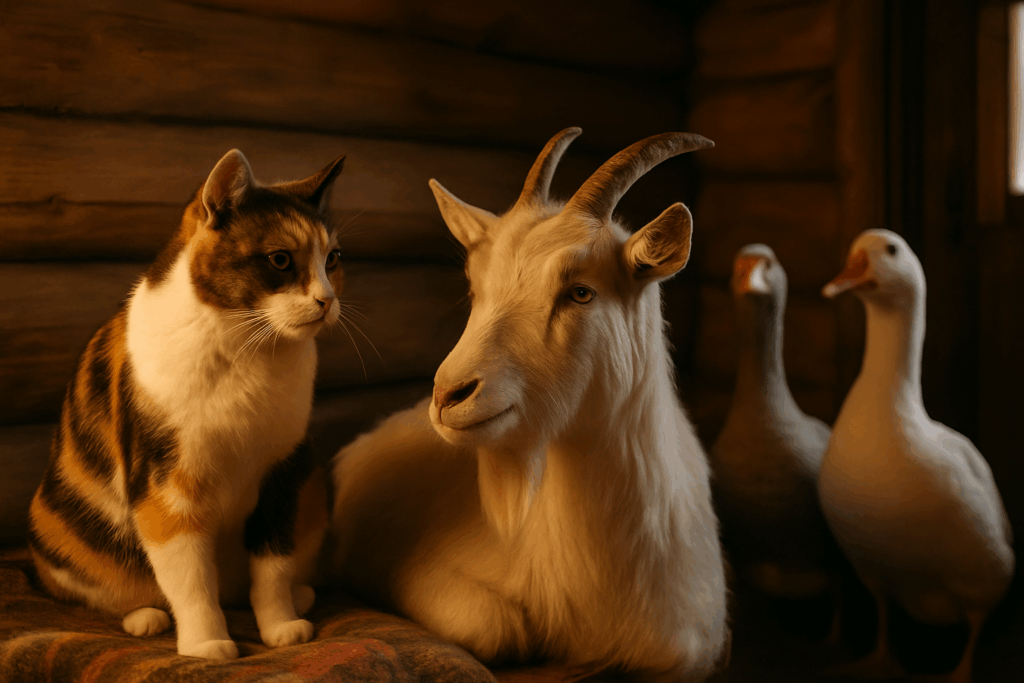 Кот и козёл в деревянной комнате, на фоне два гуся. Уютная сцена в избушке, с дружелюбным настроением.