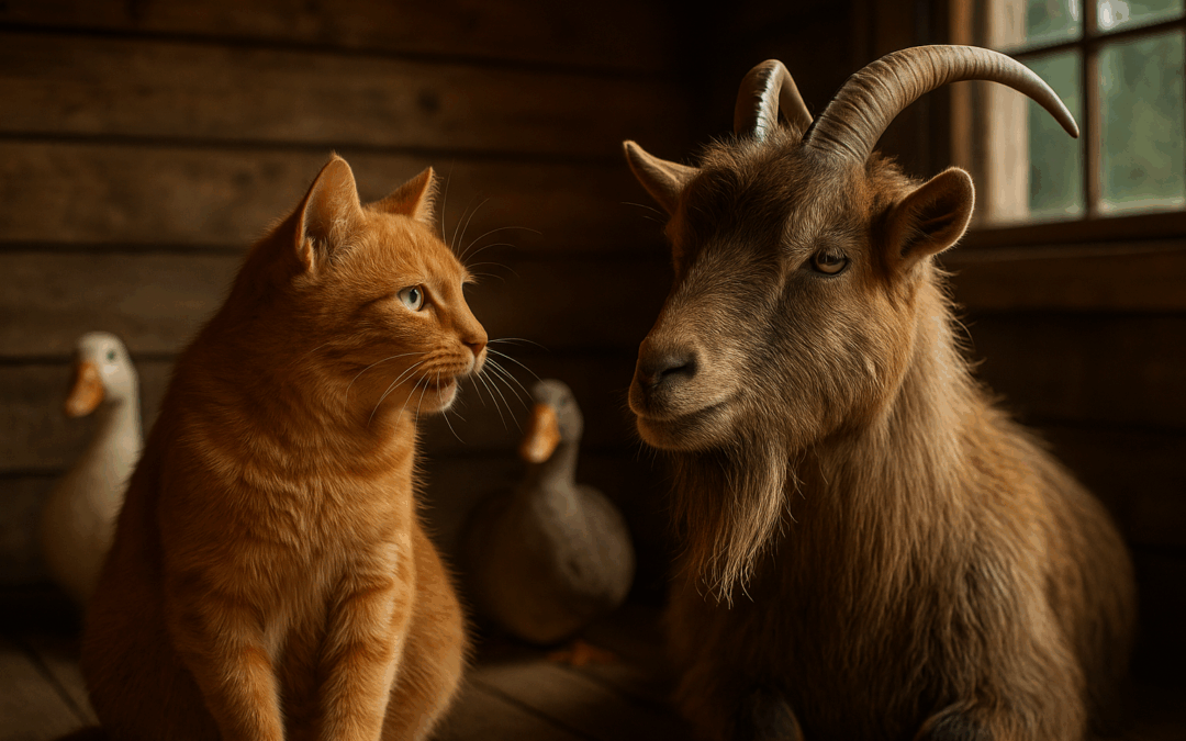 Кот и козёл в деревянной комнате, на фоне два гуся. Уютная сцена в духе избушки — без слов, но с настроением.