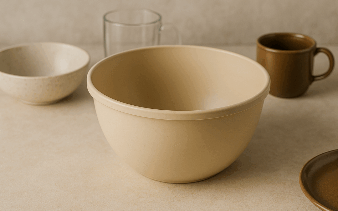 Бежевая пластиковая миска на столе среди посуды в мягких коричнево-бежевых тонах — уютный домашний натюрморт