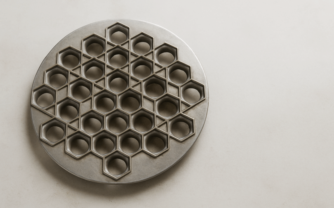 Металлическая пельменница с сотами на светлой поверхности — атмосферное фото