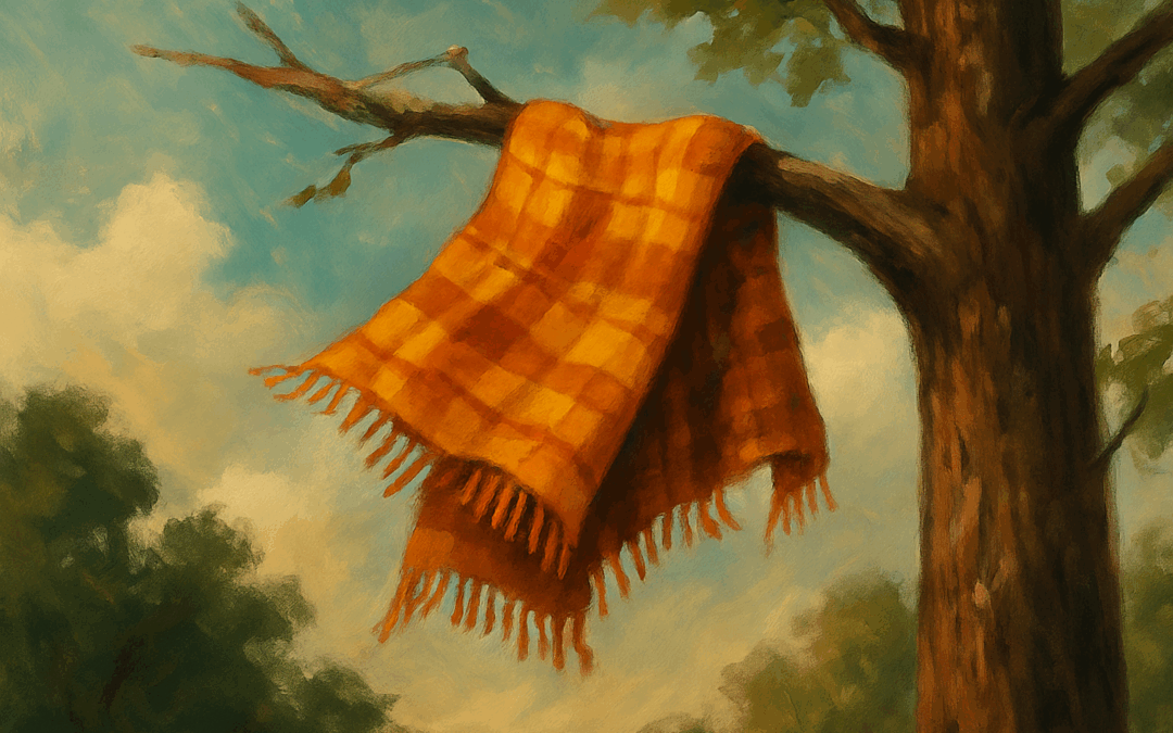 Оранжево-жёлтый плед с клетчатым узором висит на суку большого дерева под голубым небом с облаками. Тёплая, мечтательная сцена с лёгким налётом грусти.