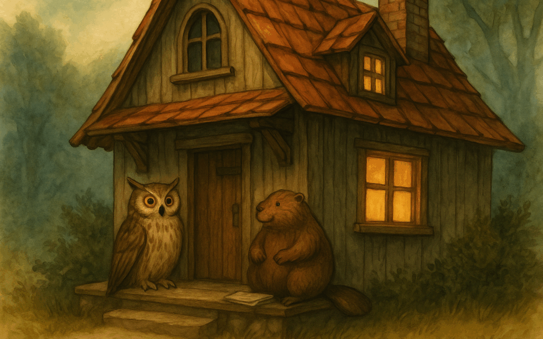 Теплая лесная избушка с мягким светом в окнах, окружённая лесом и следами зверей — уютное место встречи Психолесья.