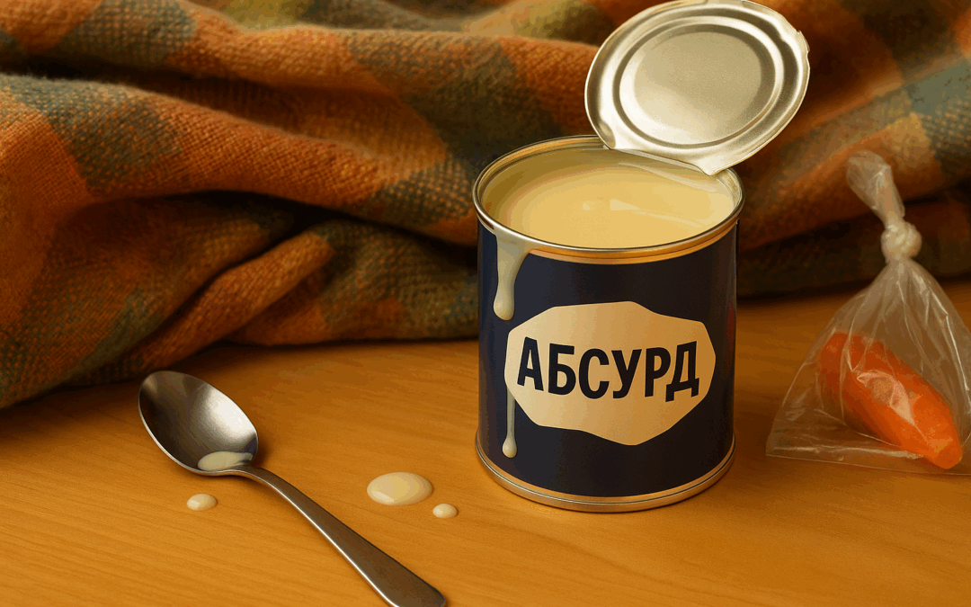 Открытая банка сгущёнки с надписью “АБСУРД”, густые капли стекают на стол. Рядом ложка, клетчатый плед и морковка в прозрачном пакете.