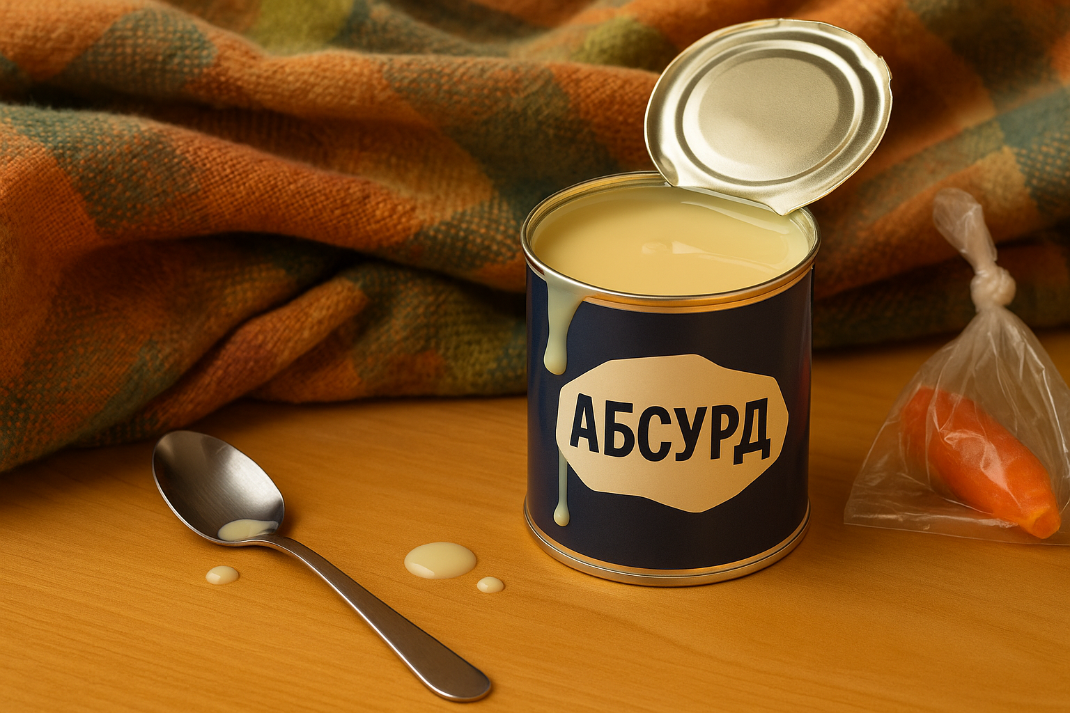 Открытая банка сгущёнки с надписью “АБСУРД”, густые капли стекают на стол. Рядом ложка, клетчатый плед и морковка в прозрачном пакете.