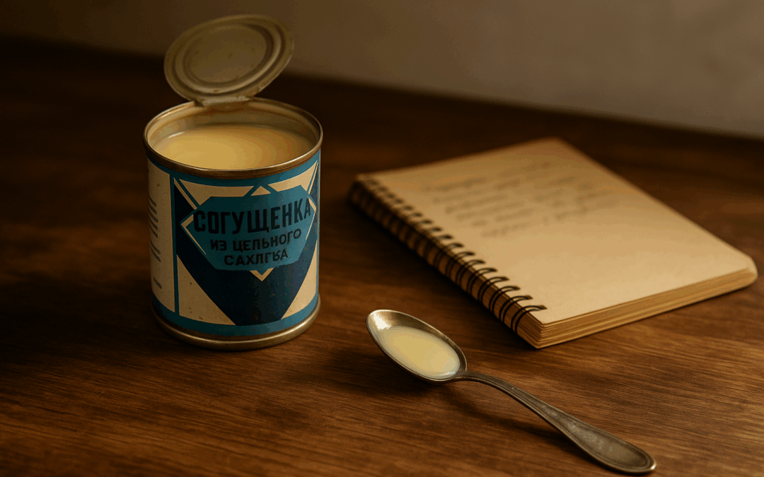 Открытая банка сгущёнки на фоне тетради, рядом ложка и немного света из окна — аромат прошлого и липкость воспоминаний