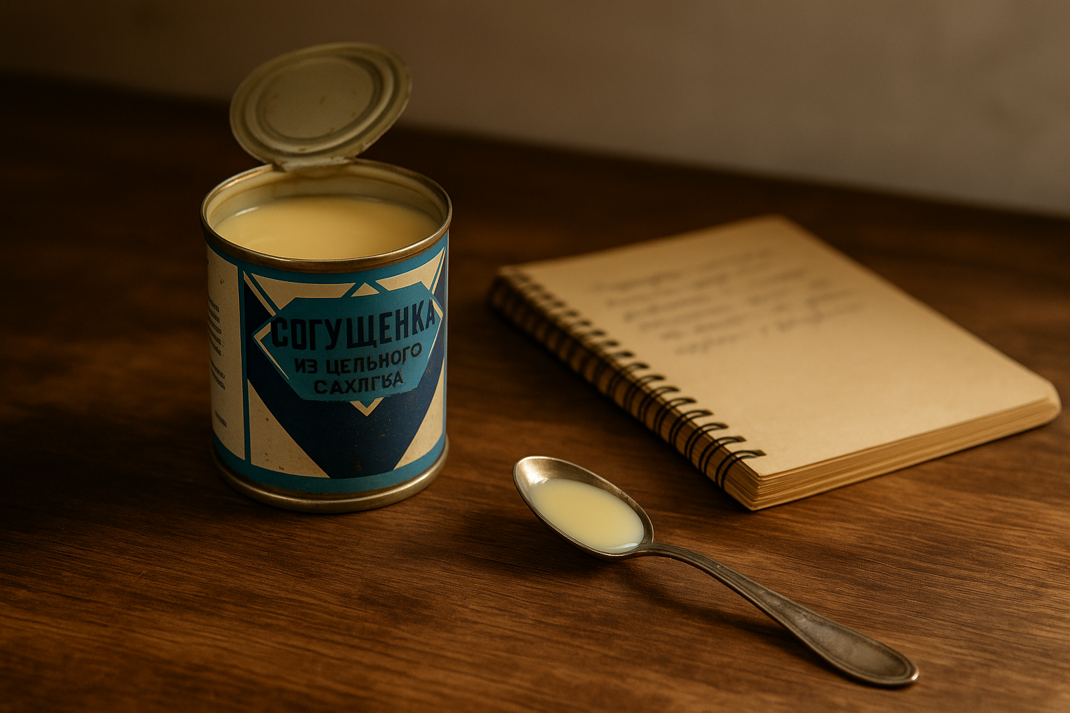 Открытая банка сгущёнки на фоне тетради, рядом ложка и немного света из окна — аромат прошлого и липкость воспоминаний