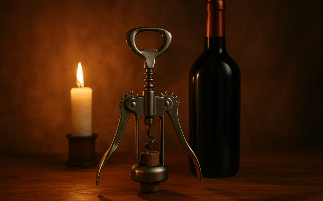 Штопор с крыльями на фоне винной бутылки и свечи, задумчивый и старомодный