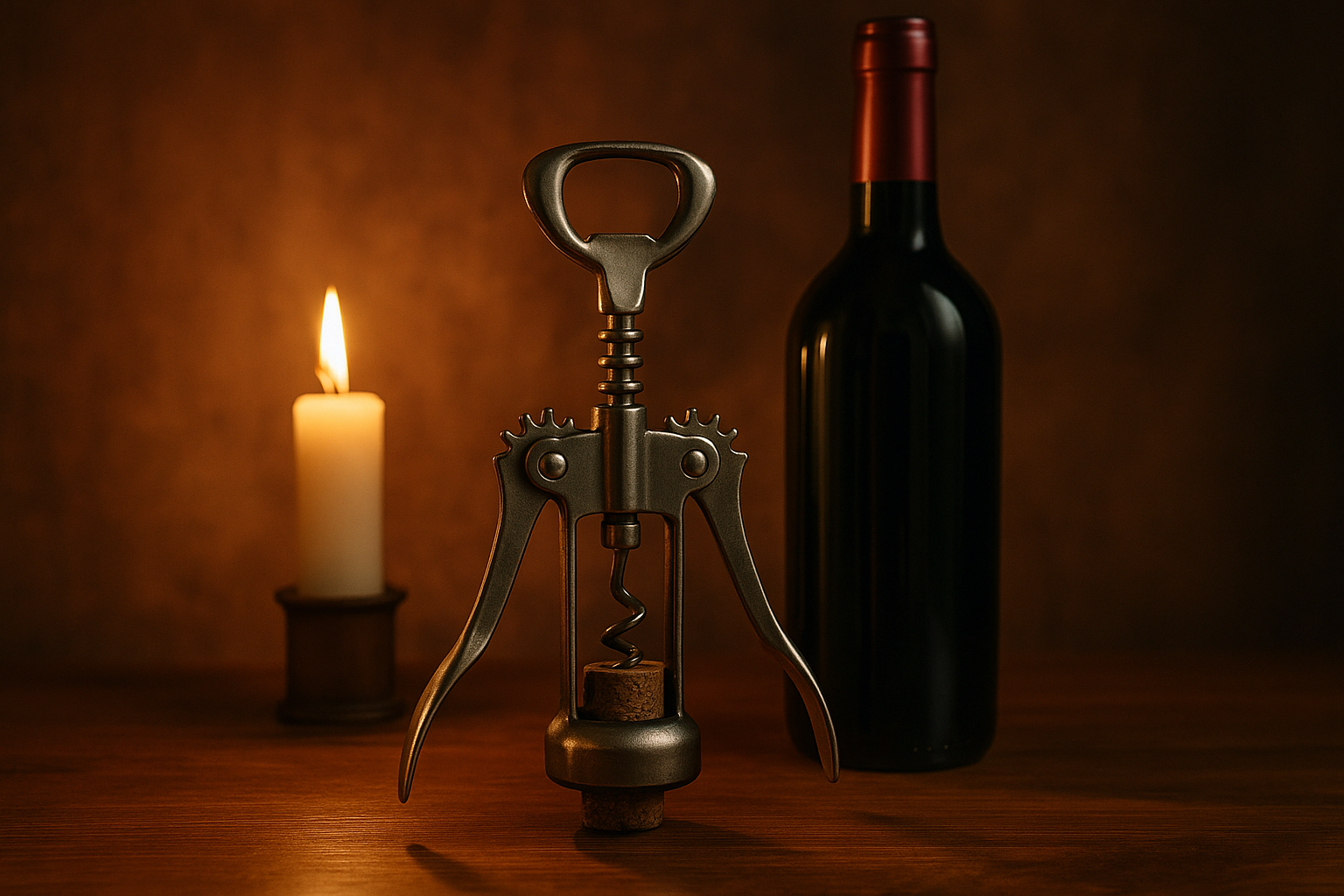 Штопор с крыльями на фоне винной бутылки и свечи, задумчивый и старомодный