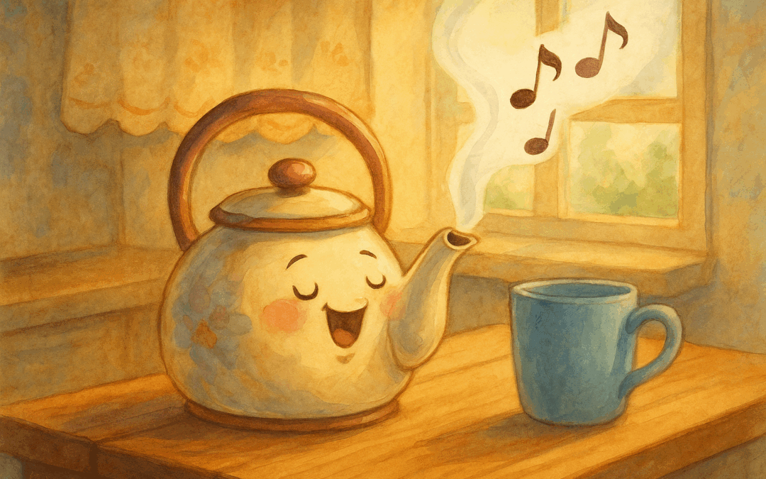 Акварельная иллюстрация винтажного эмалированного чайника с цветочками на уютной кухне. Рядом — кружка, пар, и ощущение сказки на ночь.