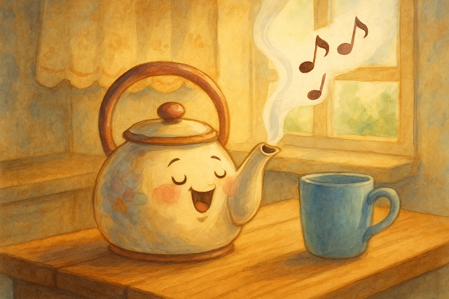 Акварельная иллюстрация винтажного эмалированного чайника с цветочками на уютной кухне. Рядом — кружка, пар, и ощущение сказки на ночь.
